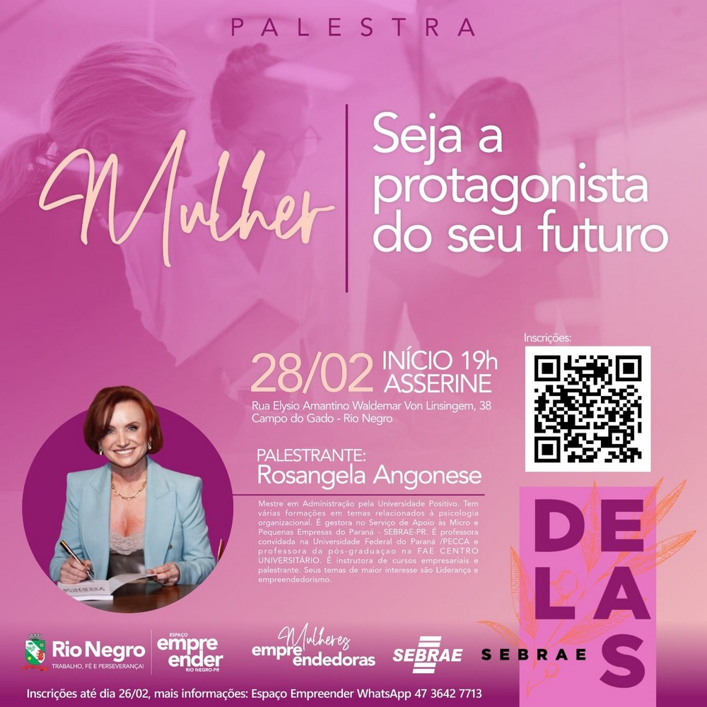 Palestra “Mulher: seja protagonista do seu futuro” será ministrada em Rio Negro