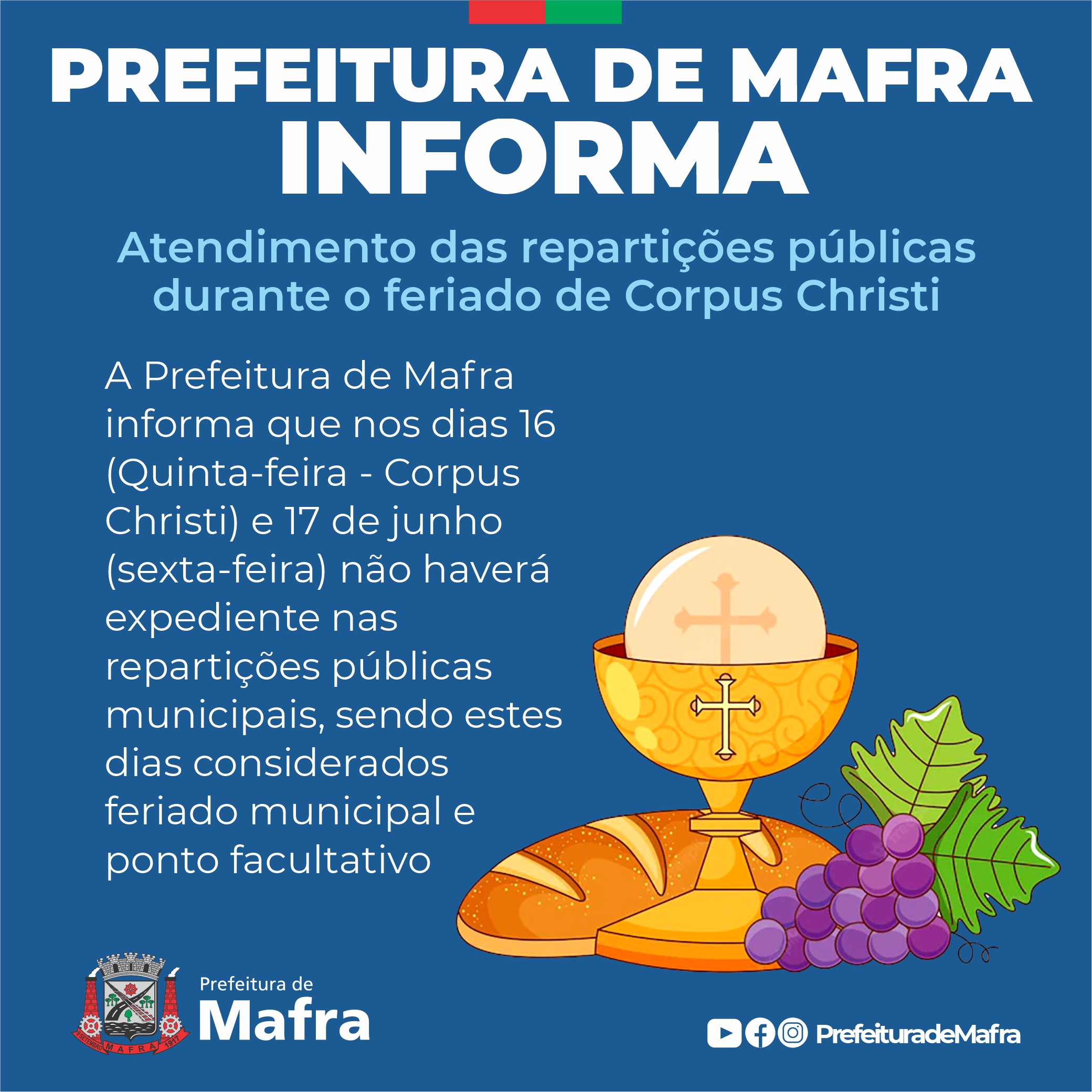 Prefeitura de Mafra informa como fica o atendimento das repartições públicas durante o feriado de Corpus Christi