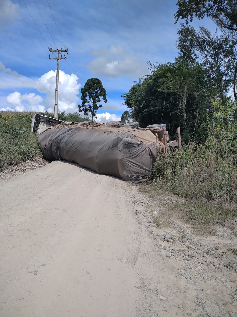 Carreta tomba e bloqueia passagem na estrada do Sítio dos Hirt